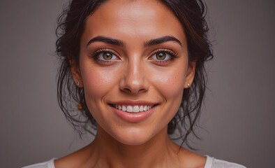 Aufkleber - Woman with brown hair and green eyes is smiling. She has a white shirt on. The image conveys a happy and positive mood