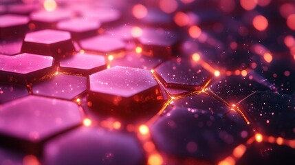 Poster - Abstract Hexagon Network: Glowing Pink and Orange Geometric Structure