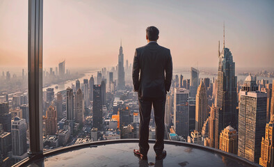 Poster - Man in a suit stands on a rooftop looking out over a city. The cityscape is filled with tall buildings and a river runs through it. The man is taking in the view and enjoying the moment