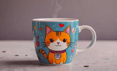 Aufkleber - Cat mug with a cat on it and a heart on the side. The cat is smiling and the heart is red