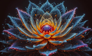 Poster - Colorful flower with a blue center and red petals. The flower is surrounded by a dark background
