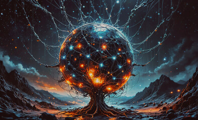 Poster - glowing, glowing, glowing tree with a glowing, glowing, glowing ball in the middle. the image has a 