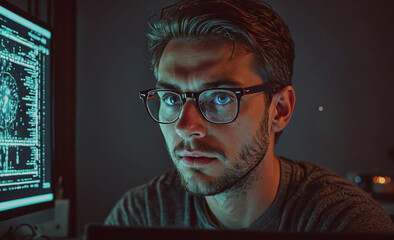 Aufkleber - Man wearing glasses is looking at a computer screen. He is focused on the screen and he is working on something