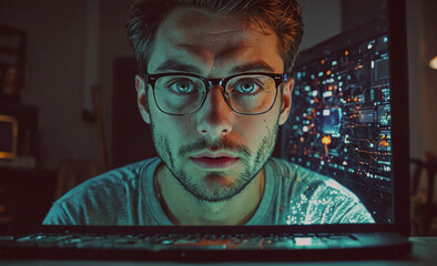 Aufkleber - Man with glasses is looking at a computer screen. The screen is displaying a complex image of a computer chip. The man is focused on the screen, possibly working on a project or analyzing the image