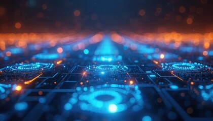 Poster - Abstract tech background with glowing blue, orange lights, resembles futuristic landscape at night. Digital artwork with vivid colors. Electronic circuit board with bokeh effect. Artificial
