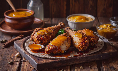 Poster - Plate of fried chicken with a sauce on a wooden table. The chicken is golden brown and looks delicious