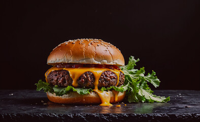 Aufkleber - Burger with melted cheese and a bun on a table. The burger is the main focus of the image, and the bun and cheese are secondary elements. The burger is placed on a black table, which gives the image a