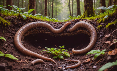 Poster - Large, long, brown, slimy creature is curled up in a heart shape. The heart is surrounded by plants and dirt, and the creature is partially hidden by the dirt. Concept of mystery and intrigue