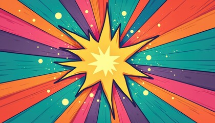 Poster - Bright cartoon exploding starburst. Japanese style colorful sunburst pattern on abstract background. Retro, vintage comic art wallpaper, light rays, energy beams backdrop.