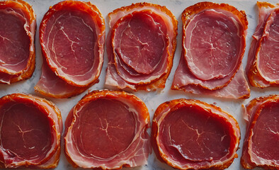 Aufkleber - Row of bacon slices are displayed on a white surface. The slices are all different sizes and shapes, but they all have a similar pink color. Concept of abundance and variety