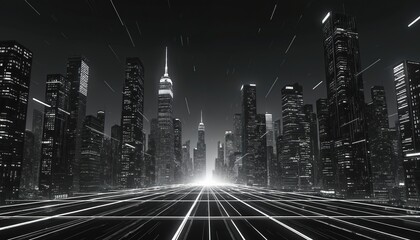 Poster - Monochrome skyline with grid lines features modern buildings, skyscrapers at night. Futuristic urban cityscape with geometric design, architectural structure, network connections in black, white.