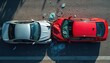© Pete - Top view of two cars in accident on road. Silver sedan, red auto damaged in head-on collision. Wreckage, broken glass, car crash from above. Transport danger, safety problem, insurance event.