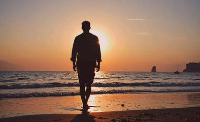 Poster - Man is walking on the beach at sunset. The sky is orange and the water is calm