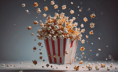 Poster - Box of popcorn is exploding in the air, with the popcorn pieces scattered all around. The scene is dynamic and energetic, with the popcorn seemingly coming to life. The idea behind this image could be