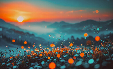 Poster - Beautiful sunset over a field of flowers with a bright orange sun in the sky. The sky is filled with a mix of blue and orange hues, creating a serene and peaceful atmosphere. The flowers are scattered