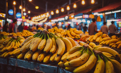 Poster - Bunch of bananas are piled up on a table. The bananas are yellow and appear to be ripe
