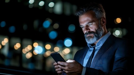 Poster - Mature bearded businessman in suit checking smartphone at night, illuminated by screen glow against blurred city lights background. Professional corporate portrait.