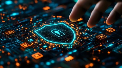Poster - Glowing cyber security shield icon on circuit board with human hand touching digital protection interface. Orange and blue futuristic technology background.