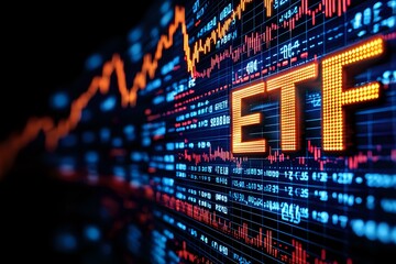 Poster - Digital display showing ETF trading data with glowing orange and blue stock market charts and financial information on electronic screen background.