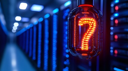 Poster - Glowing orange nixie tube digit seven displayed against blurred blue server room background with LED indicators and data center equipment.