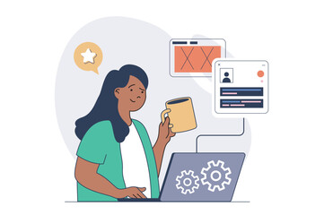 Poster - App development concept with cartoon people in flat design for web. Woman programming mobile application, working with code at laptop and creating responsive webpage layouts. Vector illustration.