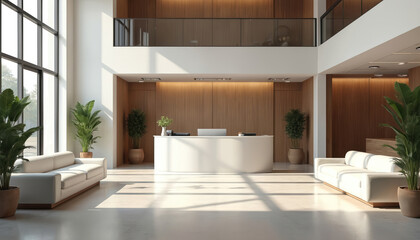 Aufkleber - Bright modern office lobby with white sofas, wooden walls. Spacious reception area features curved desk, potted plants, large windows. Interior design evokes clean, corporate aesthetic, pro