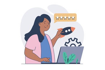 Fototapete - Business activities concept with cartoon people in flat design for web. Businesswoman launching startup, investing money in new project, working at laptop and achieving goals. Vector illustration.