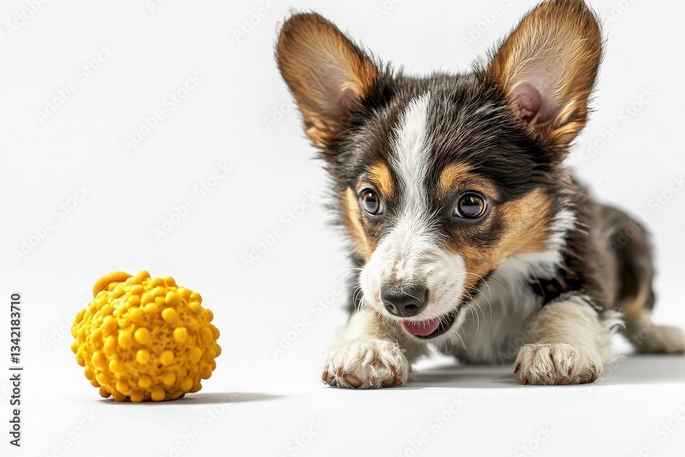 A small corgi puppy with distinctive markings is poised to play with a bright yellow rubber ball. Its ears are perked up, showing excitement and curiosity as it prepares to pounce.