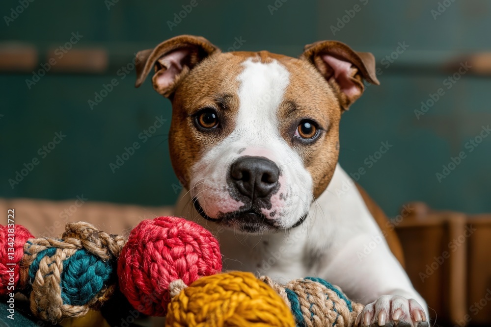 A playful dog with a brown and white coat is exploring a collection of vibrant rope toys.