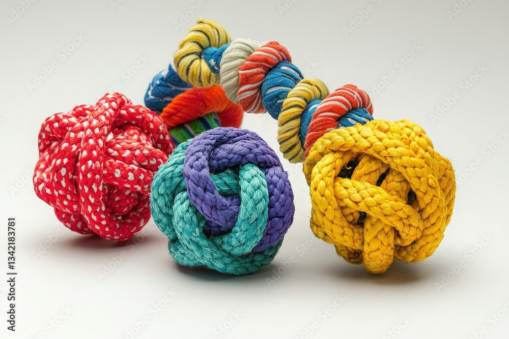 Three vibrant rope knots are artistically arranged in a creative formation. The knots feature a variety of colors and textures, demonstrating unique designs and craftsmanship.