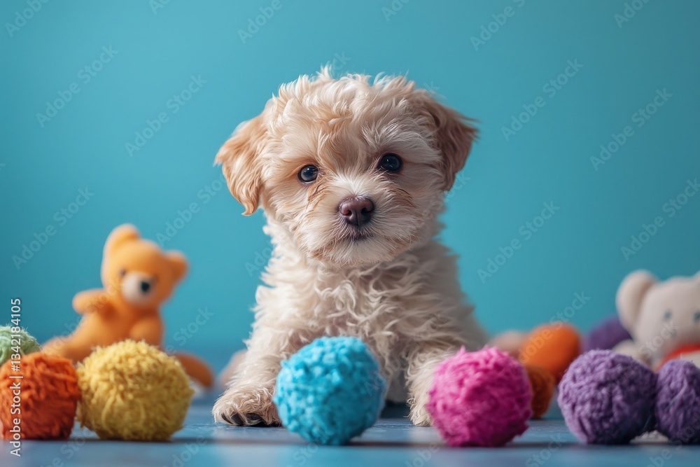 A small, fluffy puppy looks curiously at an array of vibrant pom-poms scattered across a bright blue background. Nearby, colorful stuffed toys add to the playful atmosphere, creating a joyful moment.