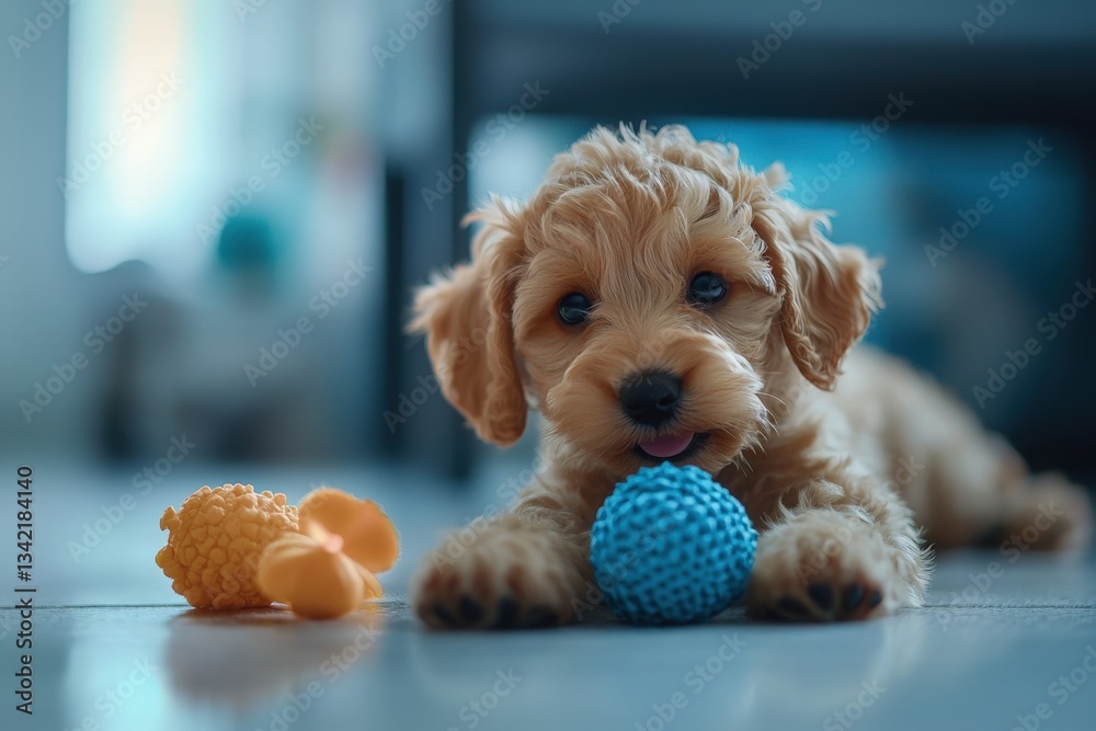 A fluffy, young puppy is playing on a light floor with a blue ball and an orange toy. Sunlight filters through, highlighting its joyful expression and soft fur.