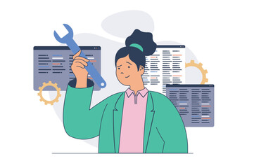 Fototapete - Development concept with cartoon people in flat design for web. Woman programming and coding, examining code and finding problems, making maintenance and testing new products. Vector illustration.