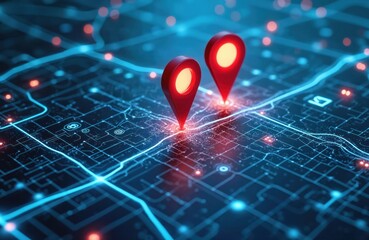 Poster - Digital map displays location with two pins. Represent AI tech in GPS, innovation in delivery services, map location for future transport logistics. Global positioning system, modern navigation