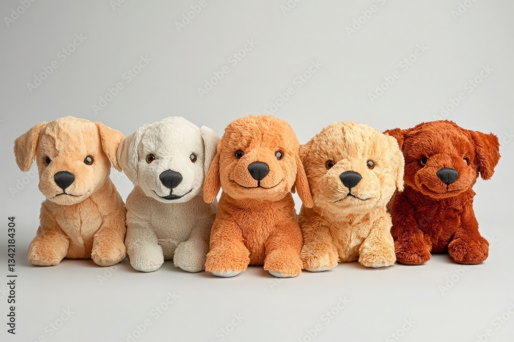 Five soft plush puppies in various shades are arranged in a row on a neutral backdrop. Each toy dog has unique features, showcasing a range of breeds and expressions, inviting hugs.