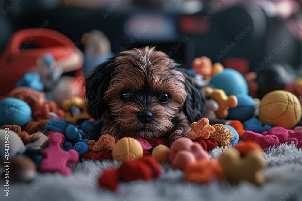 A small, fluffy puppy rests among a vibrant array of toys in a cozy room. The playful atmosphere is filled with various shapes and textures that engage the puppys curiosity and charm.