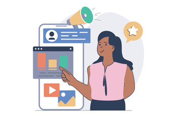 Poster - Digital marketing concept with cartoon people in flat design for web. Woman creating advertising content for clients attract, using megaphone for online business communication. Vector illustration.
