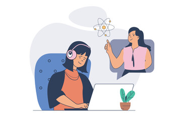 Fototapete - Education concept with cartoon people in flat design for web. Student listening online lecture, studying at science seminar at laptop, learning with virtual teacher by video. Vector illustration.