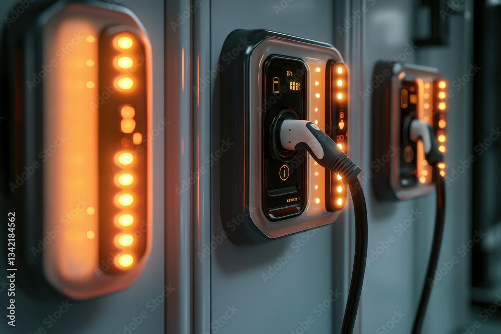 Three electric vehicle charging stations are visible, featuring illuminated indicators displaying charging status.