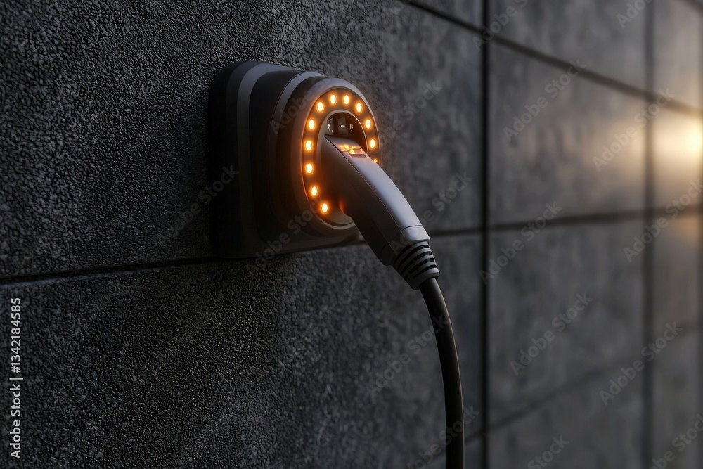 A modern charging station mounted on a dark textured wall features an illuminated circular interface. A charging cable is plugged in, showcasing its functionality and design.