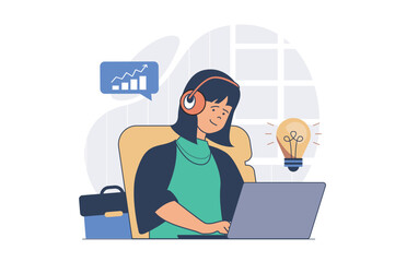 Poster - Freelance concept with cartoon people in flat design for web. Woman working online at home and doing work tasks remotely, making marketing analysis and creating job strategy. Vector illustration.