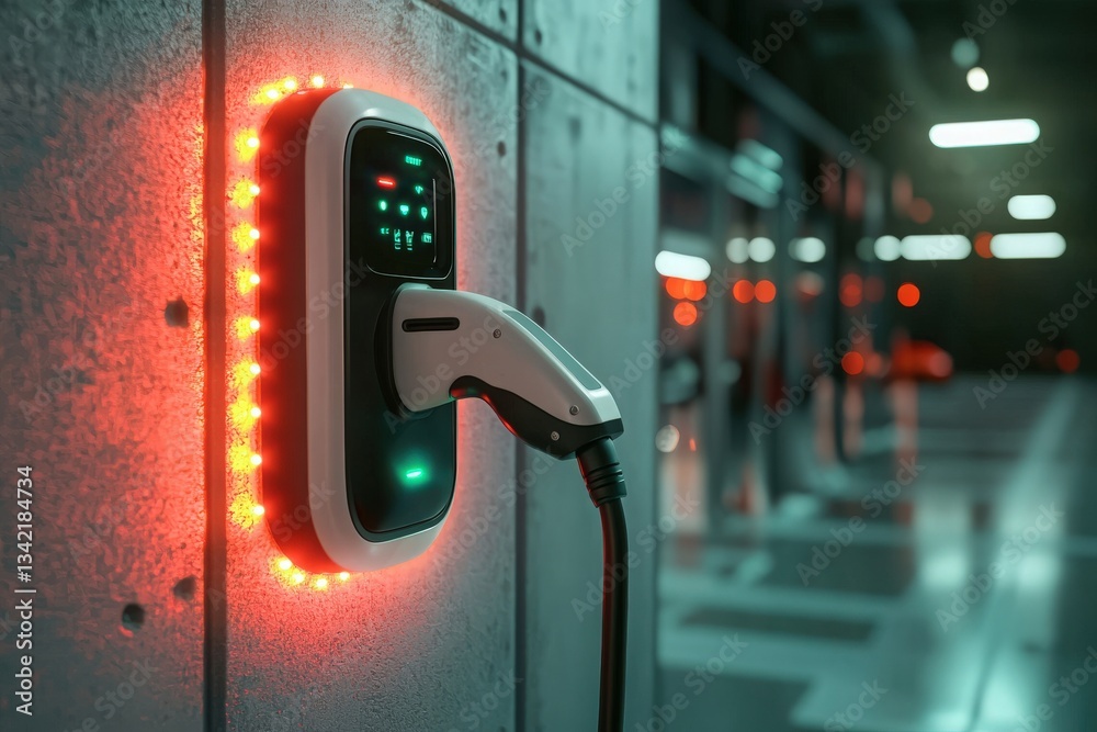 A sleek electric vehicle charging station is mounted on a concrete wall in a low-lit indoor parking garage.
