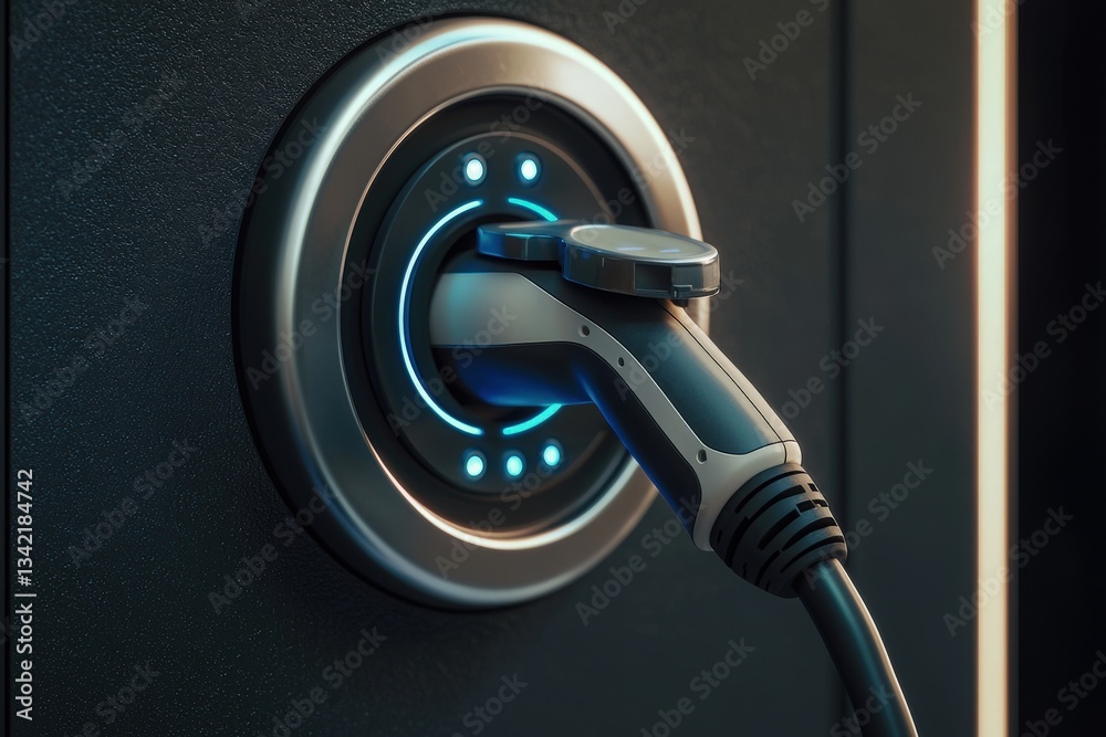 A close-up view of an electric vehicle charging connector plugged into a charging station. The glowing blue indicator lights highlight the modern technology and design, showcasing a nighttime setting.