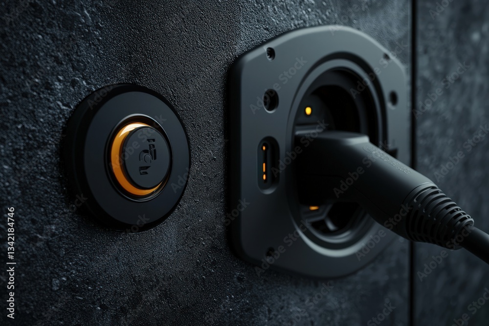 A close-up of a black wall outlet showing a unique charging port with a wire plugged in. The design features a circular button nearby, enhancing user convenience and modern style.