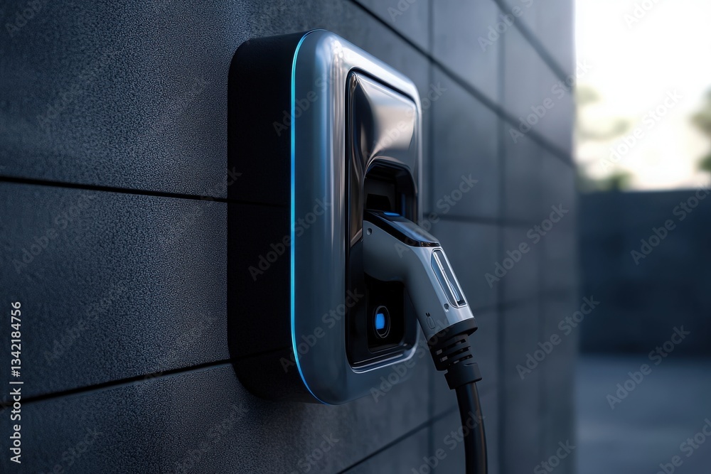 A sleek electric vehicle charging station is mounted on a textured wall, featuring a blue illumination around the charging port. A charging cable is connected, ready for use.