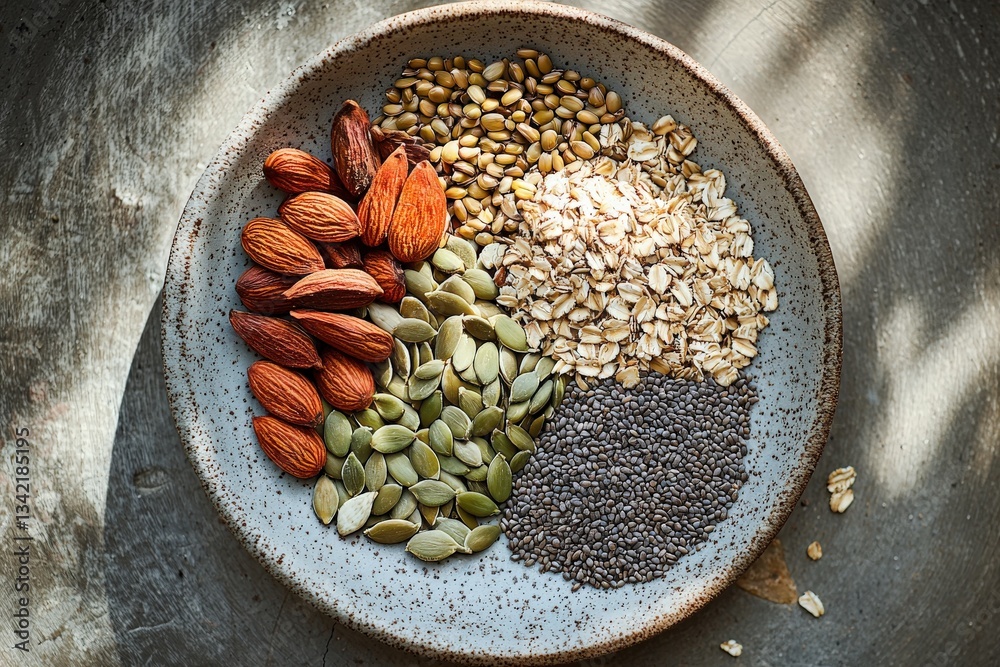 A variety of nuts and seeds, including almonds, pumpkin seeds, sunflower seeds, oats, and chia seeds, are artistically arranged on a textured plate with natural lighting.