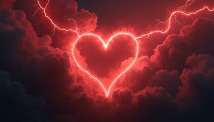 Aufkleber - Heart shape lightning strike on dark stormy red clouds. Romance love passion power energy concept, nature weather sky. flash spark electricity graphic design element.