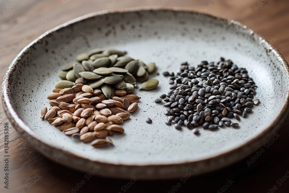 A shallow ceramic plate holds three distinct types of seeds arranged neatly.