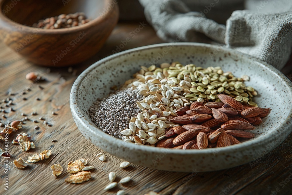 A collection of assorted seeds and nuts, including chia seeds, sunflower seeds, and almonds, is artistically arranged in a speckled bowl. The background features natural wood textures and soft fabric.