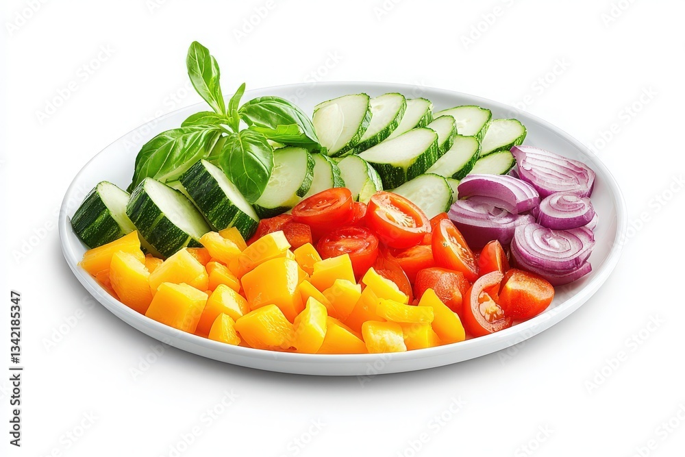 A vibrant platter of fresh produce displays slices of cucumbers, cherry tomatoes, red onions, mango cubes, and basil. This colorful assortment is perfect for healthy snacking or salad preparation.